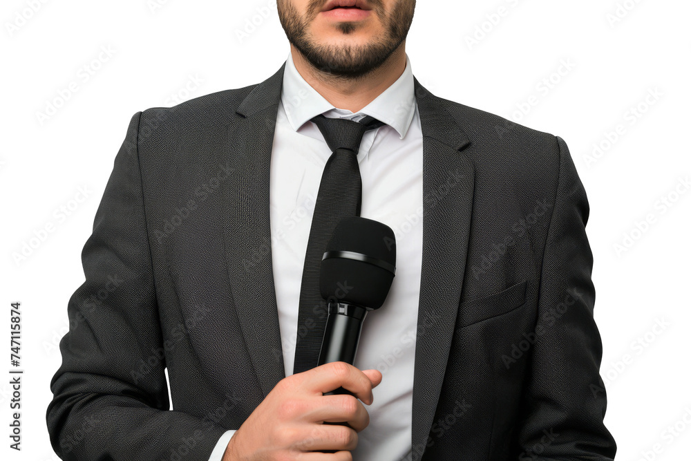 Confident Male Reporter Holding Microphone on White Background