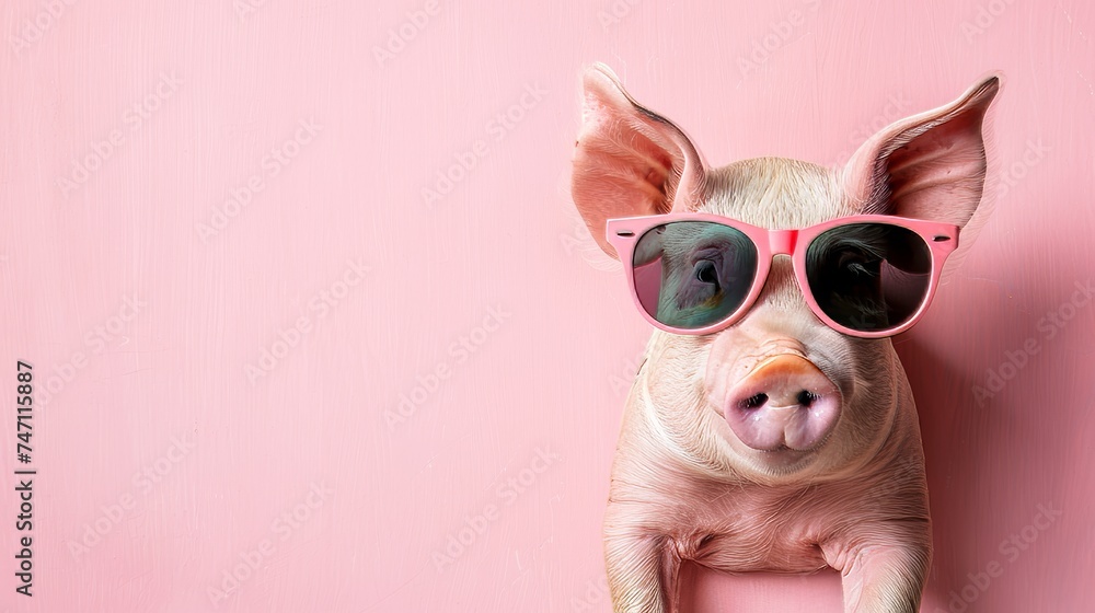 Cheerful pig wearing sunglasses on pastel color background with copy space for text placement