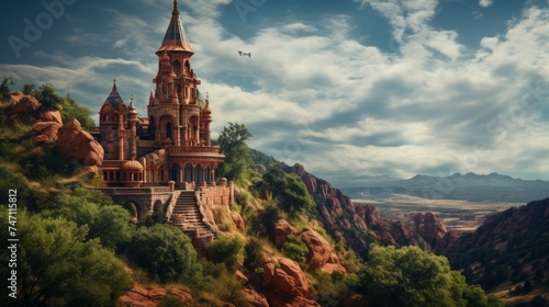Enchanting fairy tale castle on lush hilltop with towering turrets and cloudy sky