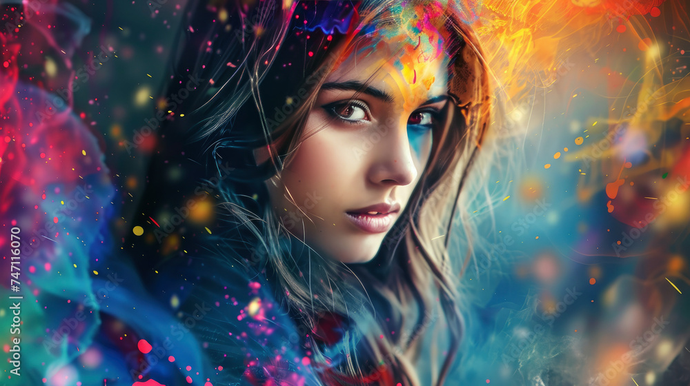 Fantasy portrait of a beautiful woman with double exposure, merging with a vibrant digital paint splash Fantasy portrait of a beautiful woman with double exposure, merging with a vibrant digital paint splash