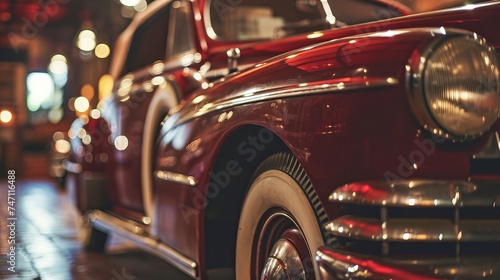 Vintage Red Rustic Car with Chrome Details Parked Indoors, Illuminated by Warm Ambient Lighting