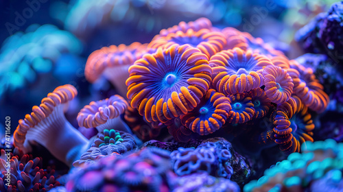 An underwater spectacle of sea anemones, exhibiting a neon glow against the backdrop of a marine reef.  © Teeradej