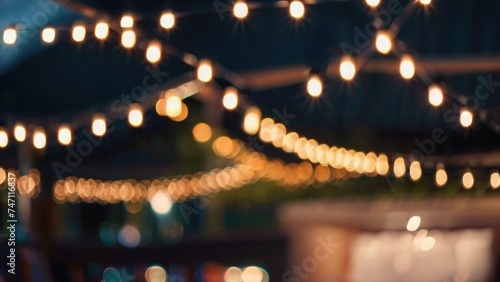 Defocused restaurant with outdoor string lights on a blurred background photo