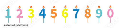 Happy Birthday candle number set line. Numbers with fire flame. Different bright color. Flat design. Clip art elements for invitation, birthday card. Isolated. White background.