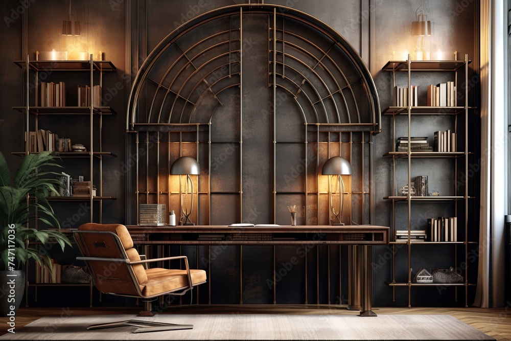 Art Deco Inspired Wall Art Grid Bookcase in Urban Industrial Home Office Designs