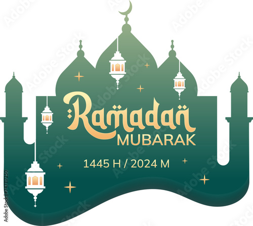 Logo Ramadan Kareem, Ramadan Mubarak, Marhaban Ya Ramadan 2024 with Islamic lanterns, crescent moon and stars suitable for invitations or greetings template in vector illustration design.