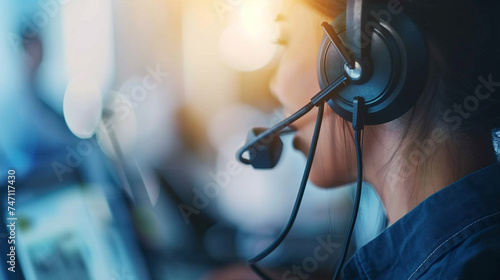 A customer service representative wearing a headset and providing assistance to a customer over the phone exemplifying professionalism clarity and patience in resolving inquiries and delivering
