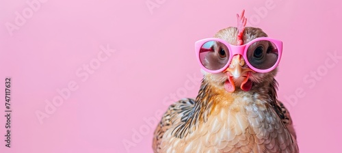 Fashionable chicken with sunglasses on pastel background, ideal for text placement.