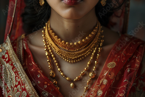 A photorealistic image of a South Asian woman wearing a gold necklace that has been passed down through generations The necklace holds significant cultural and personal meaning visible in her photo