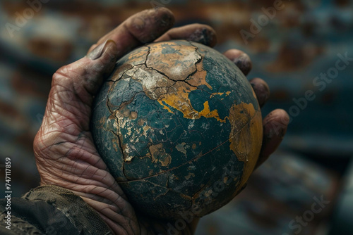 A weathered globe held in a wrinkled hand with cracks representing geopolitical fractures and fault lines