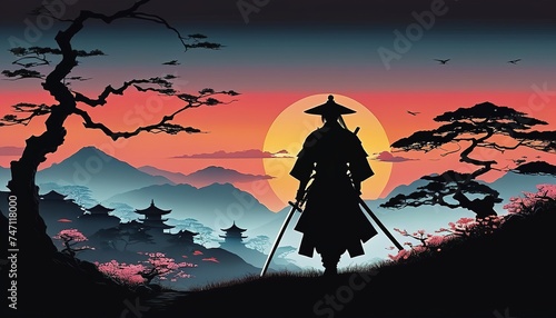 High Contrast Minimalist Art: Samurai and Sunset