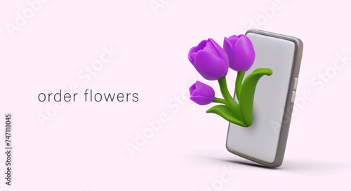 Advertisement of flower delivery service application. Realistic smartphone, purple tulips