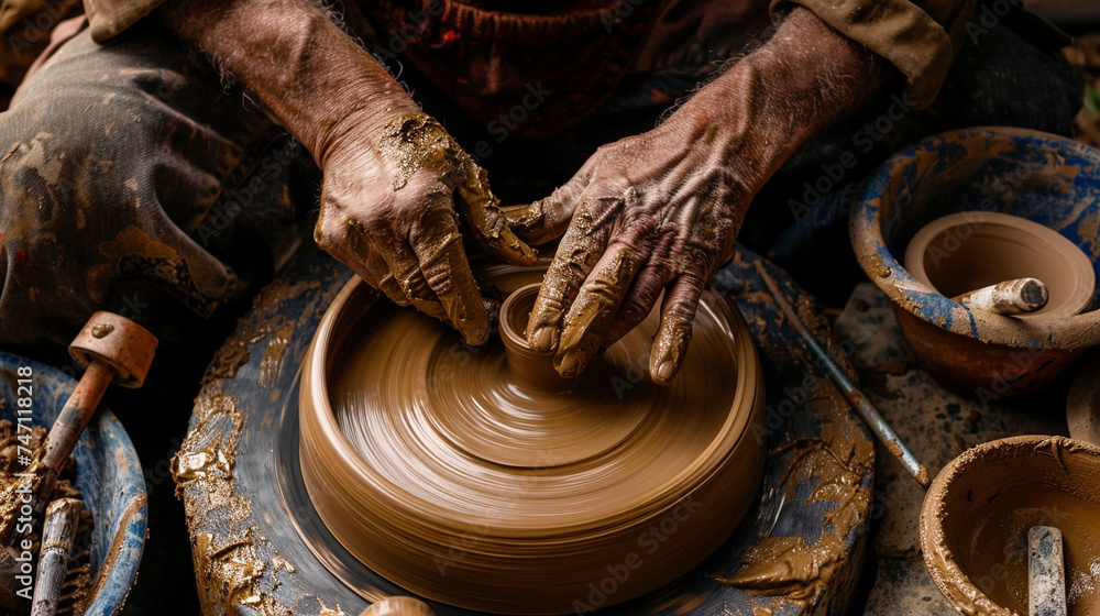 Hands of a skilled artisan shaping clay on a spinning wheel surrounded by tools and unfinished pottery highlighting the craftsmanship and tradition of pottery making Hands of a skilled artisan shaping clay on a spinning wheel surrounded by tools and unfinished pottery highlighting the craftsmanship and tradition of pottery making