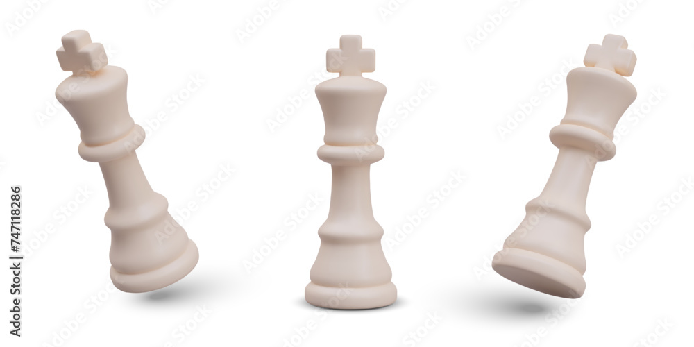Set of white chess kings in different positions. Main chess piece with shadows Set of white chess kings in different positions. Main chess piece with shadows