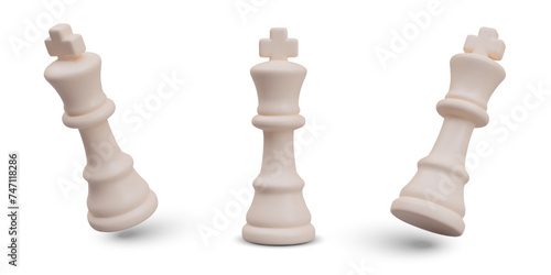 Set of white chess kings in different positions. Main chess piece with shadows