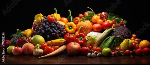 A variety of vibrant and ripe fruits and vegetables are neatly stacked in a pile on a table with a blank backdrop. The assortment includes apples, bananas, oranges, tomatoes, cucumbers, and more.
