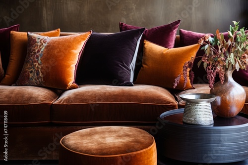 Terracotta Pillow Accents: Velvet Furniture Living Room Ideas to Elevate Your Space photo
