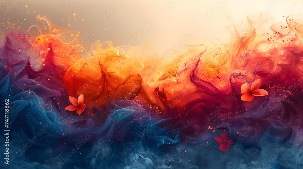 Abstract Artistic Representation of Holi Festival with Vivid Colors and Floral Elements
