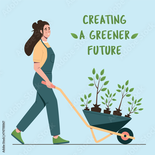 Environmental care poster. Young eco volunteer with a wheelbarrow full of seedlings. Engage for a greener future. Volunteerism, reforestation concept. Flat cartoon vector illustration