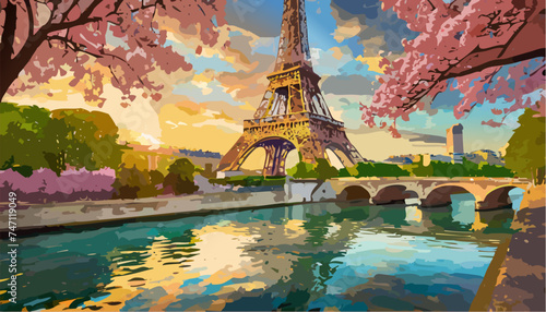 Beautiful painting landscape with Eiffel Tower's and bridge 