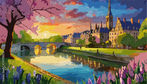 France landscape with castle and river