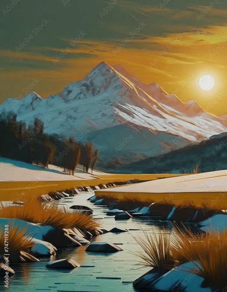 Painting style illustration, beautiful nature landscape panorama view of winter snow mountai