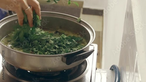 Adding moringa leaves to a simmering pot of traditional Filipino coconut milk stew called ginataang gulay, showing the candid daily home life and authentic local dish in the Philippines photo