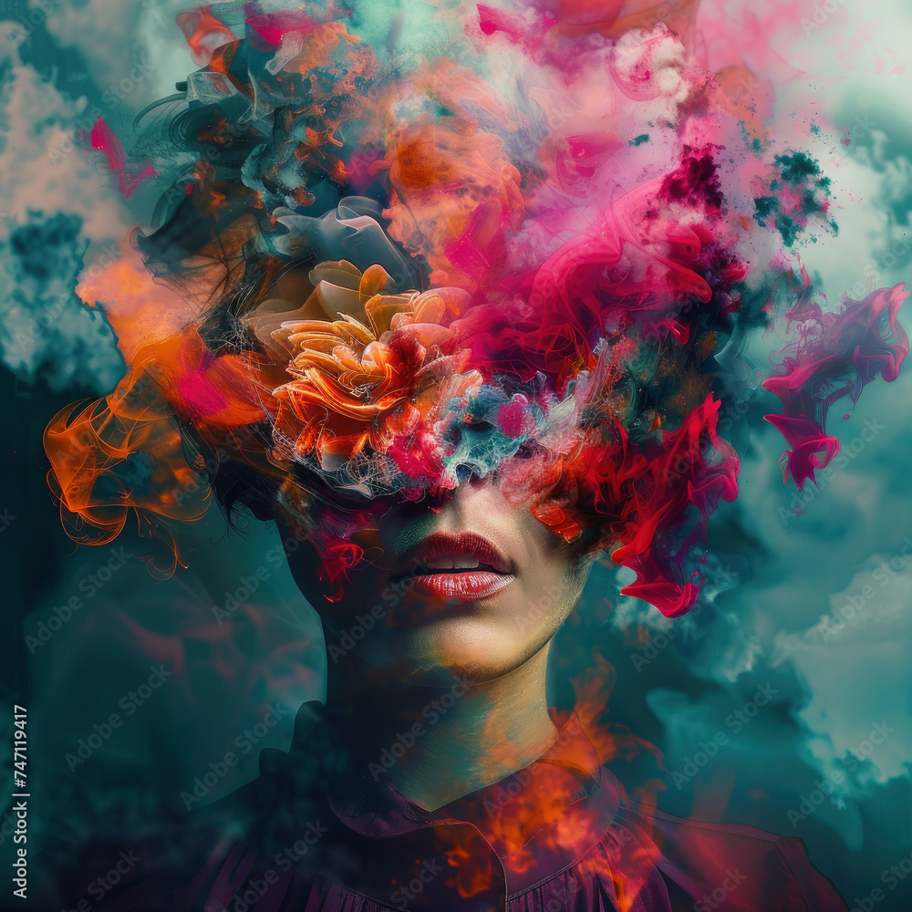Surreal portrait of a woman, her essence mixed with an explosion of colorful digital paint, embodying fantasy