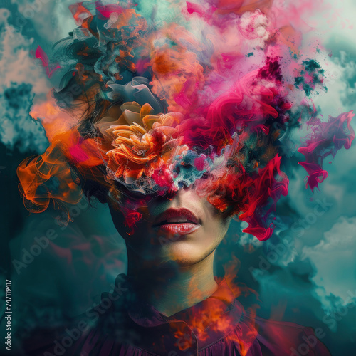 Surreal portrait of a woman, her essence mixed with an explosion of colorful digital paint, embodying fantasy