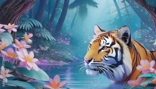 Painting style illustration, tiger in lush jungle with flower blossom bush