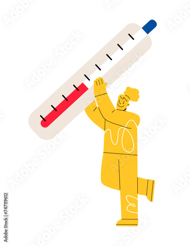 Woman holding a big thermometer. Colorful vector illustration
