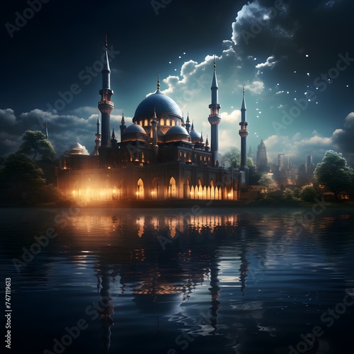mosque near a body of water, its architectural details illuminated under the moonlight