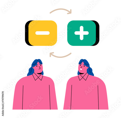 Bipolar disorder. Business woman suffers from mood swings. Flat vector illustration isolated on white background
