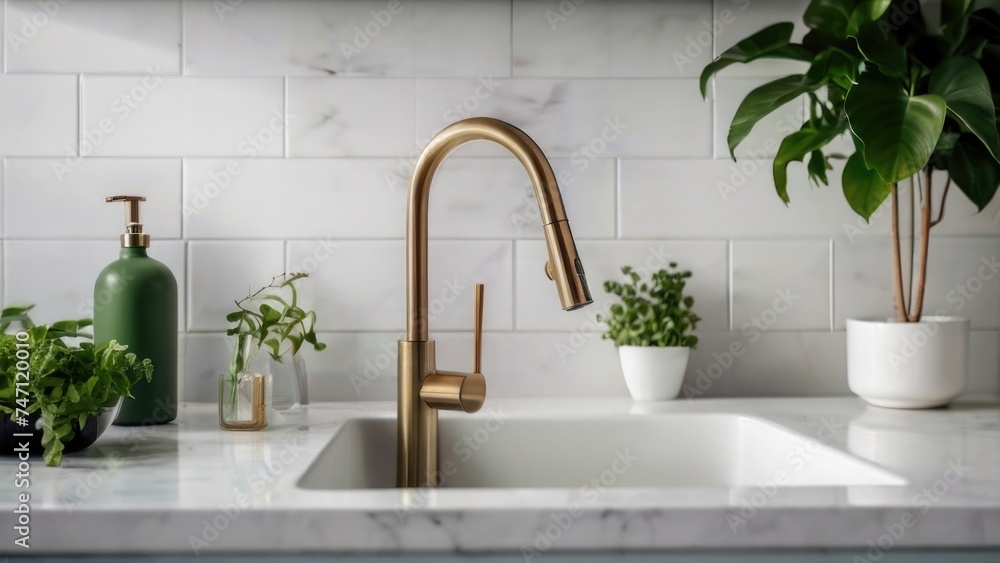 Kitchen faucet with a sink and natural green plant in a modern kitchen Kitchen faucet with a sink and natural green plant in a modern kitchen