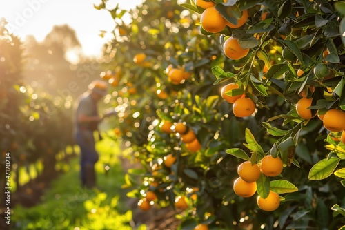 
Shot of farmer inspecting orange trees with ripe fruit in sunlight