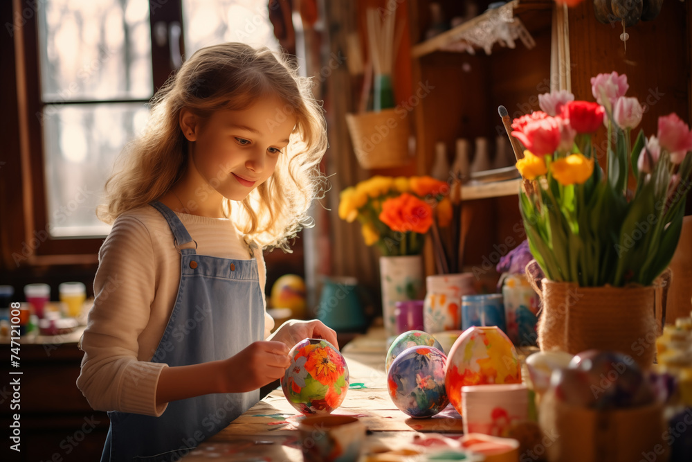 Happy girl painting easter eggs.