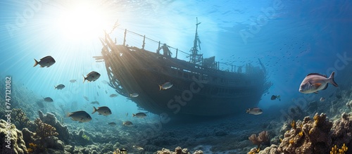 A sunken cargo ship is surrounded by a swarm of fish in the turquoise waters of the Caribbean Sea under the bright sun.