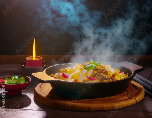 Steaming hot sizzler on wood top view