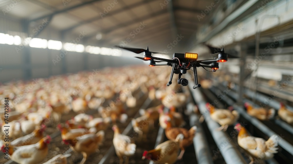 Drone flying inside a large poultry house, capturing video of the living conditions, cleanliness, and ventilation systems Drone flying inside a large poultry house, capturing video of the living conditions, cleanliness, and ventilation systems