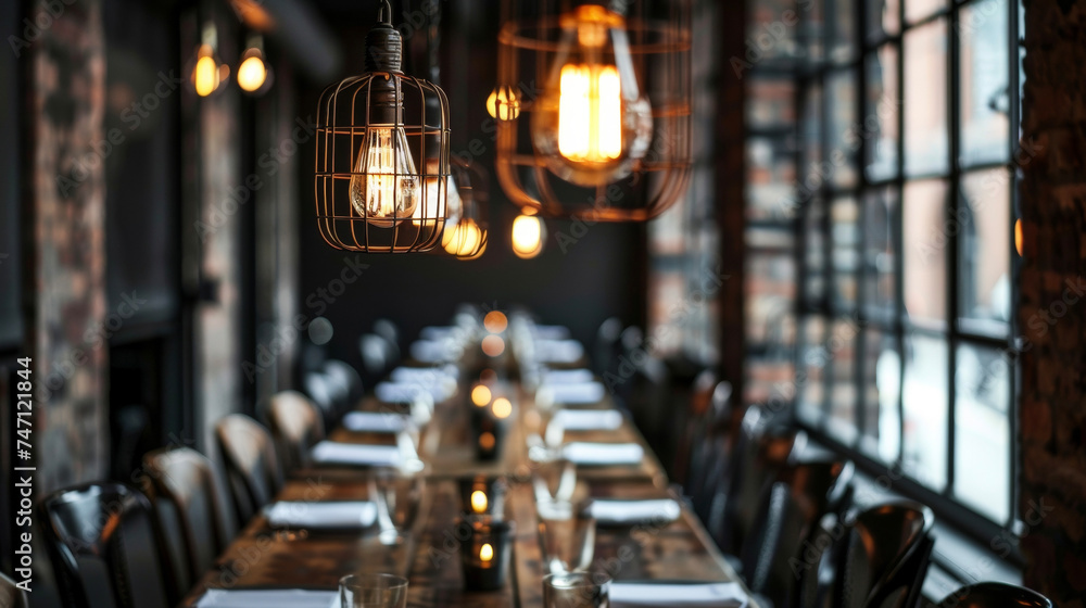 Naklejka premium A row of hanging caged light bulbs dangles above a long wooden table in a factoryturnedrestaurant giving off a vintage vibe.