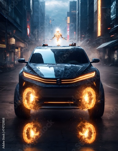 An SUV with fiery wheels blazes through a rain-soaked urban street, with a mystical figure glowing in the background. The scene is charged with energy and mystery.