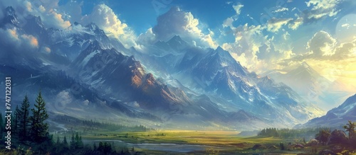 Vibrant painting of majestic mountains and a tranquil river in a scenic landscape