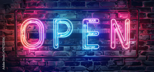 Open sign in Neon light on a gunge brick wall. Open for business