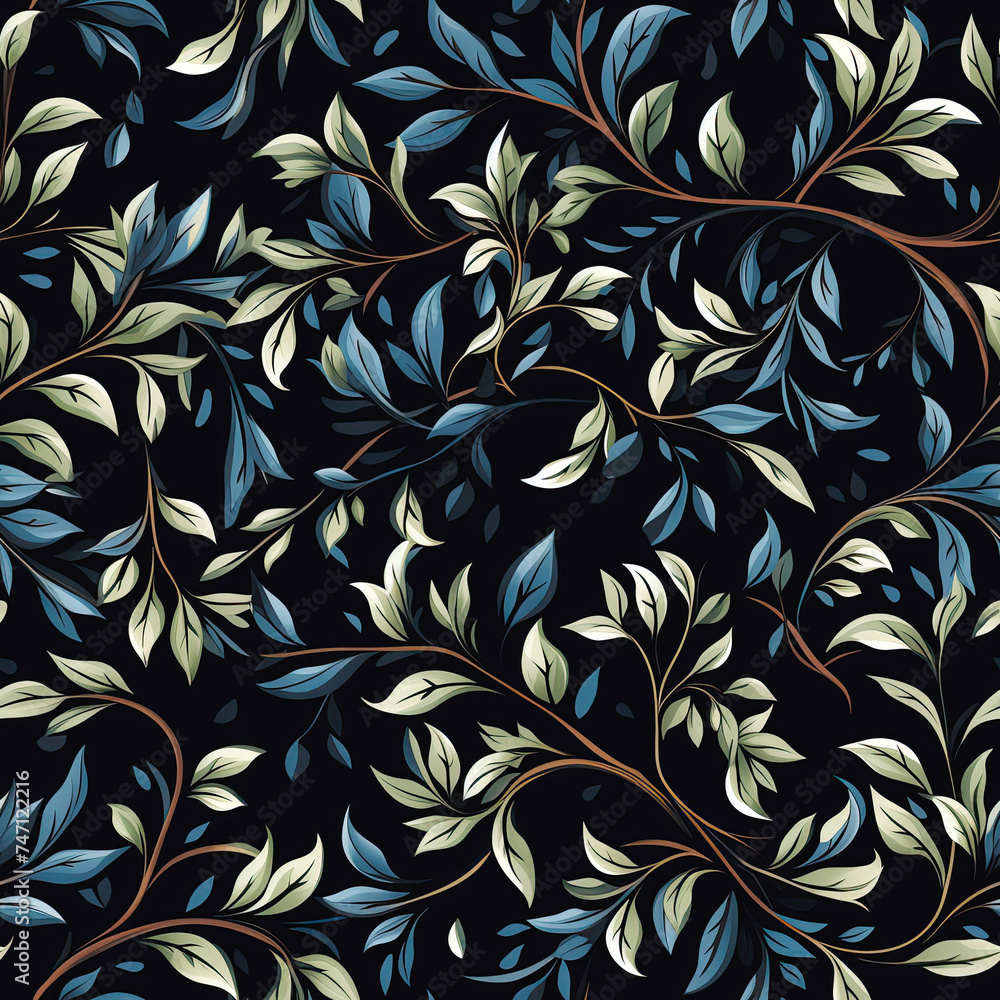 seamless pattern with leaves and branches of plants on black background. Repeating ornament for the decoration of fabrics and textiles seamless pattern with leaves and branches of plants on black background. Repeating ornament for the decoration of fabrics and textiles