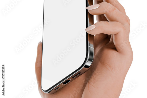 Smartphone with a modern bezel-less design in the hand of a woman, template for mobile application presentation or other advertising.