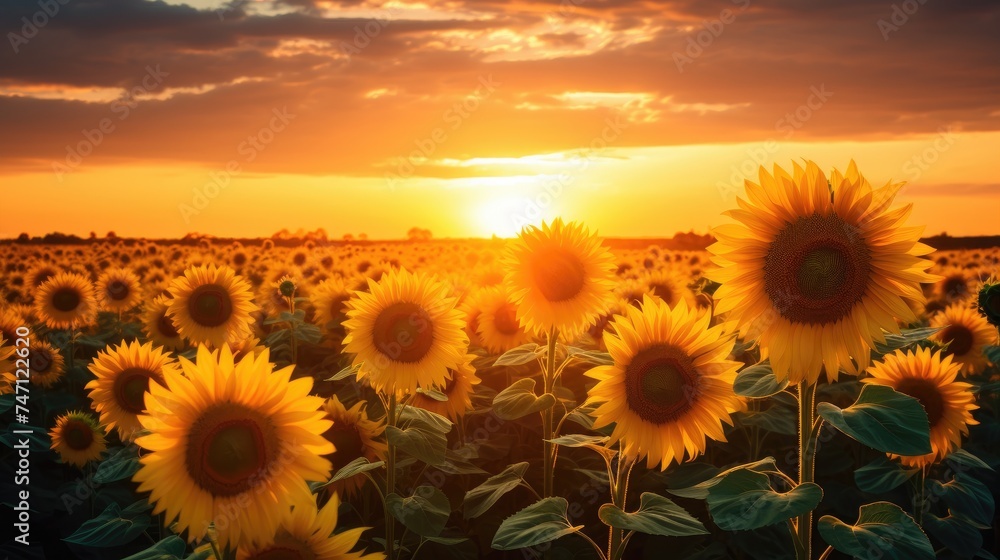 Beautiful panoramic view of the sunflower field in the rays of the setting sun. Yellow sunflower close-up. Beautiful summer landscape with sunset and blooming meadow, the concept of a rich harvest.