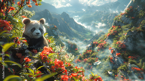 fantasy panda and flowers on natural background