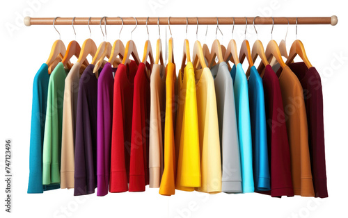 Rack of Colorful Shirts Hanging From Wooden Hanger. The shirts are hanging in an orderly fashion, creating a visually appealing arrangement. Isolated on a Transparent Background PNG.