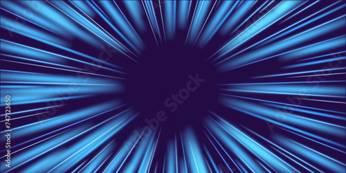 Light speed blue rays, perspective tunnel with neon radial traces. Motion effect and abstract bright zoom road. Comic manga vector illustration