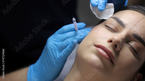 Close-up of a woman's face undergoing cosmetic injections. Wrinkles as a manifestation of skin aging. Injection procedures for facial skin rejuvenation.